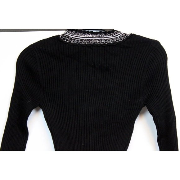 Cache Sweater Silk blend V-Neck sz S Black Ribbed Zipper Shiny Lace Stretch - Picture 5 of 7